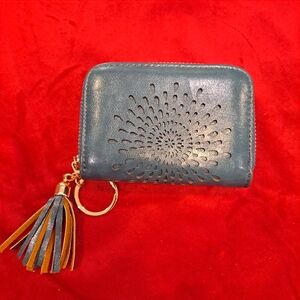 Aphison Blue Teal Leather Card Organizer Wallet with Tassel